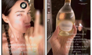 Elisabetta Franchi esulta con champagne e dito medio